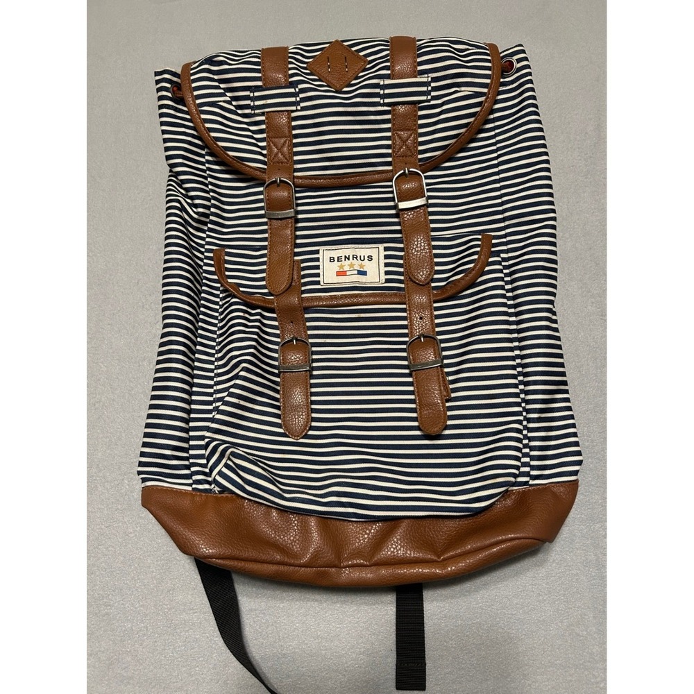 Benrus Striped Canvas Rucksack Backpack Navy White Brown Faux Leather Trim